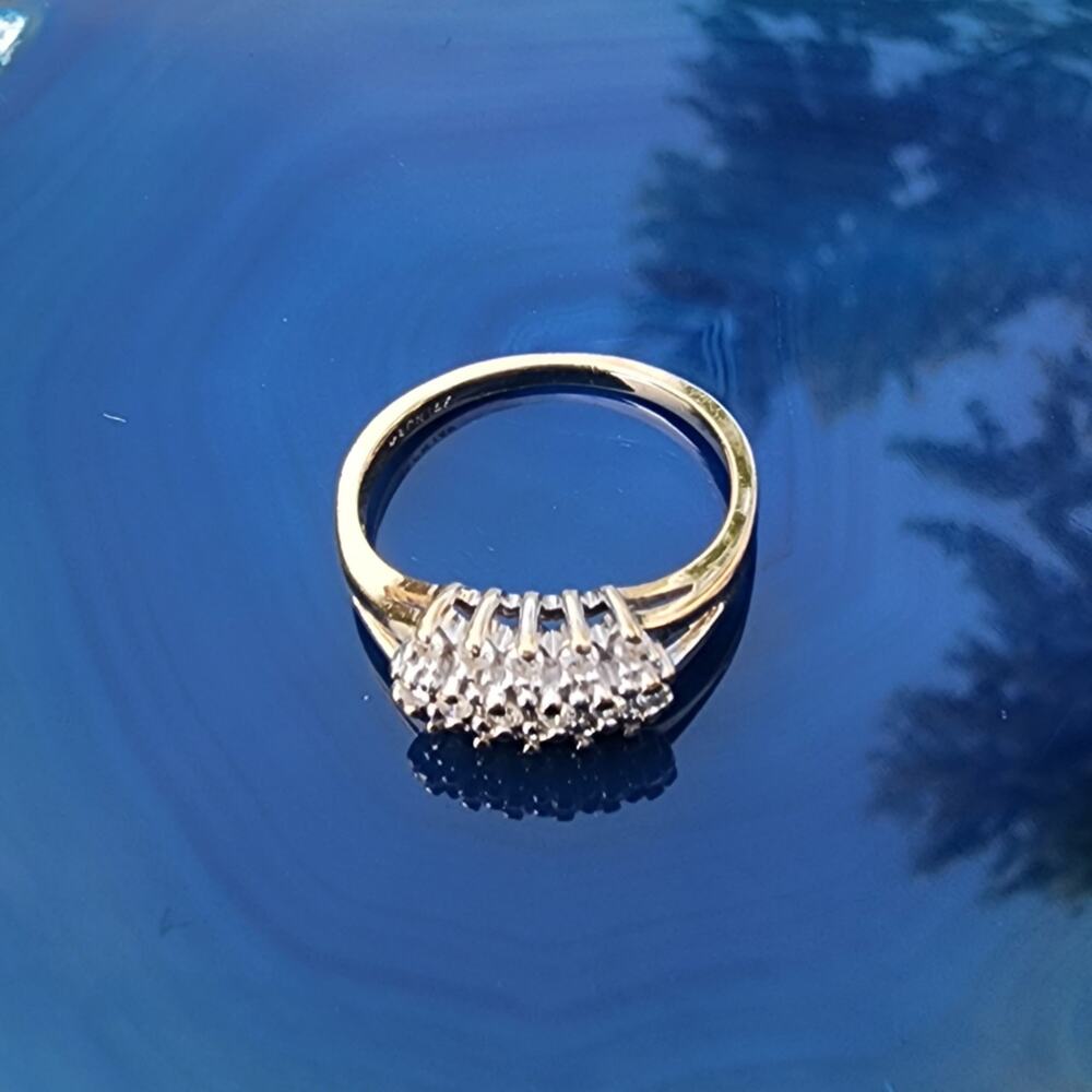 14K Fine Yellow Gold Diamond Cluster 3 Tier Open Work Accent Ring - Picture 10 of 14